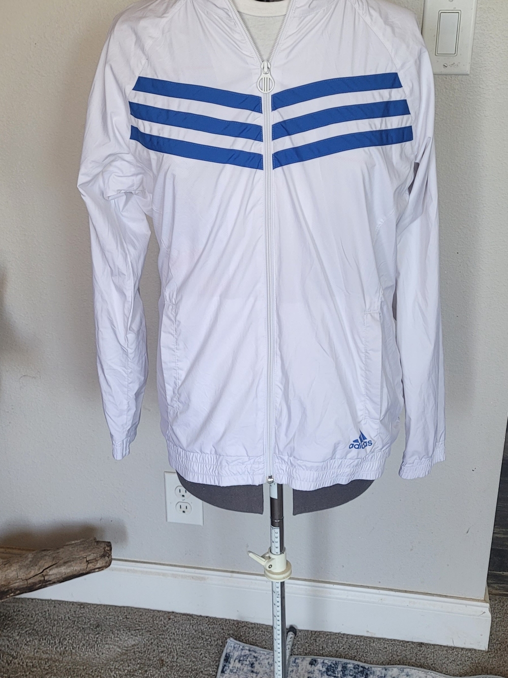 Adidas White Windbreaker Jacket with Blue Stripes